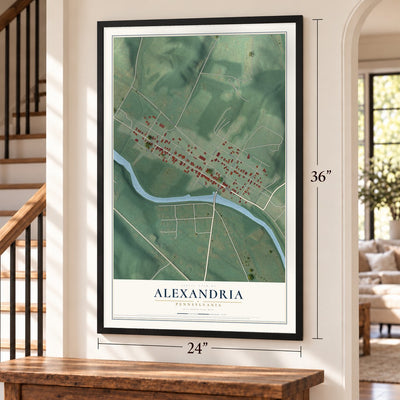 Alexandria, Pennsylvania map, 24 x 36 inch print in a black frame by a staircase