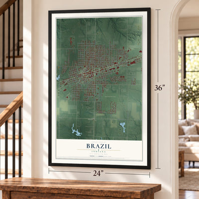 Brazil, Indiana map, 24 x 36 inch print in a black frame by a staircase