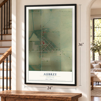 Aubrey, Arkansas map, 24 x 36 inch print in a black frame by a staircase
