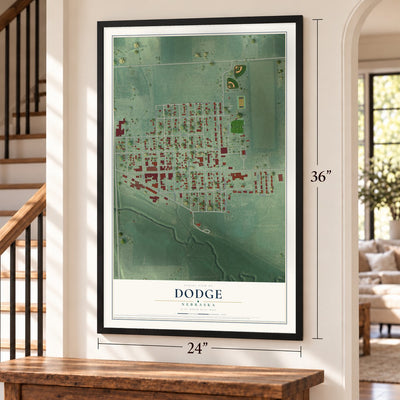 Dodge, Nebraska map, 24 x 36 inch print in a black frame by a staircase