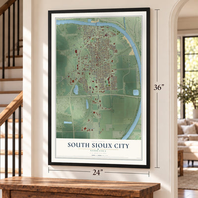 South Sioux City, Nebraska map, 24 x 36 inch print in a black frame by a staircase