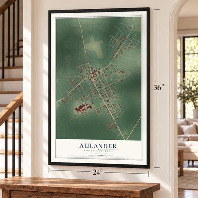 Aulander, North Carolina map, 24 x 36 inch print in a black frame by a staircase