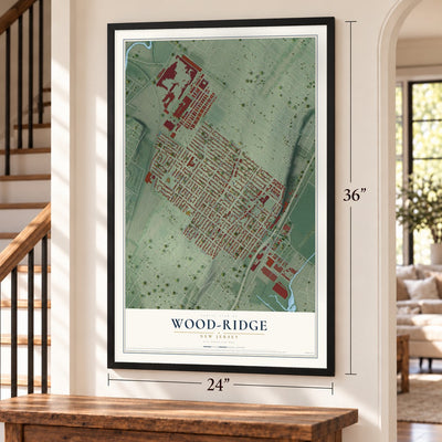 Wood-Ridge, New Jersey map, 24 x 36 inch print in a black frame by a staircase