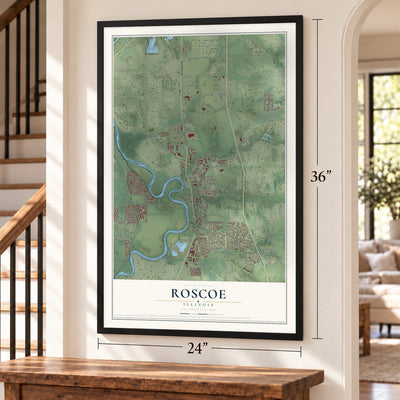 Roscoe, Illinois map, 24 x 36 inch print in a black frame by a staircase