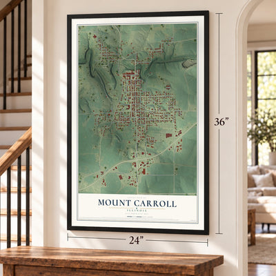Mount Carroll, Illinois map, 24 x 36 inch print in a black frame by a staircase