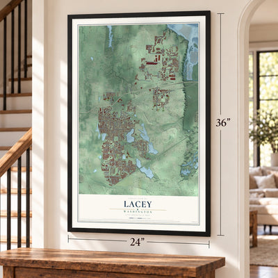 Lacey, Washington map, 24 x 36 inch print in a black frame by a staircase