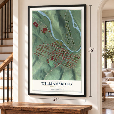 Williamsburg, Pennsylvania map, 24 x 36 inch print in a black frame by a staircase