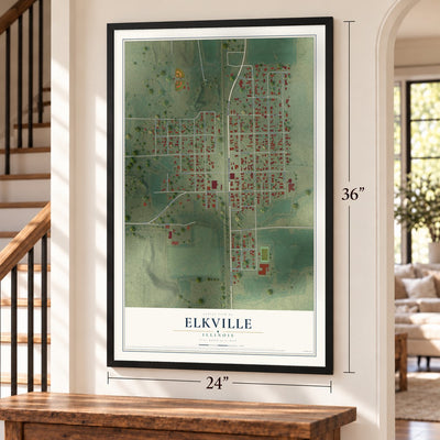 Elkville, Illinois map, 24 x 36 inch print in a black frame by a staircase