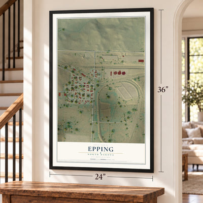 Epping, North Dakota map, 24 x 36 inch print in a black frame by a staircase
