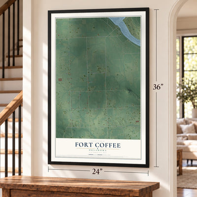 Fort Coffee, Oklahoma map, 24 x 36 inch print in a black frame by a staircase