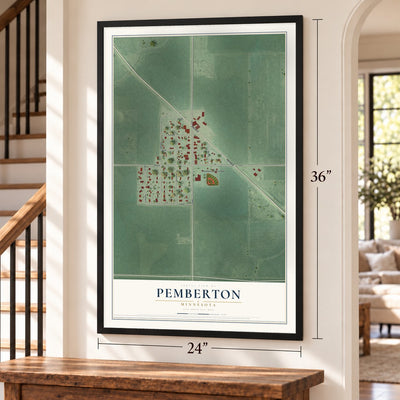 Pemberton, Minnesota map, 24 x 36 inch print in a black frame by a staircase