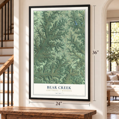 Bear Creek, Sauk County, Wisconsin map, 24 x 36 inch print in a black frame by a staircase