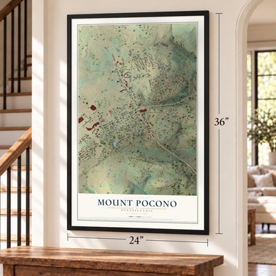 Mount Pocono, Pennsylvania map, 24 x 36 inch print in a black frame by a staircase