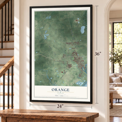 Orange, Texas map, 24 x 36 inch print in a black frame by a staircase