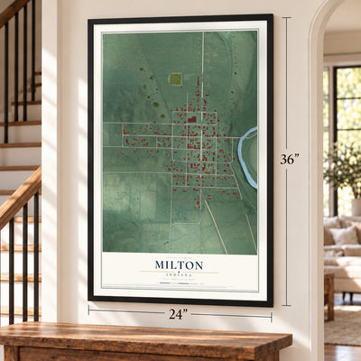 Milton, Indiana map, 24 x 36 inch print in a black frame by a staircase