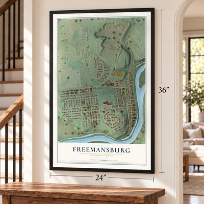 Freemansburg, Pennsylvania map, 24 x 36 inch print in a black frame by a staircase