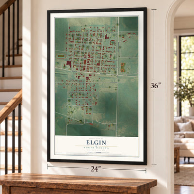 Elgin, North Dakota map, 24 x 36 inch print in a black frame by a staircase