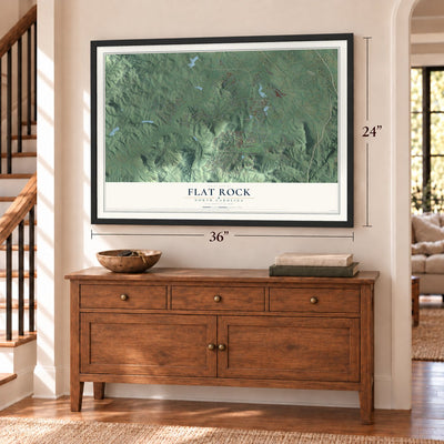 Flat Rock, North Carolina map, 24 x 36 inch print in a black frame above a dresser by a staircase
