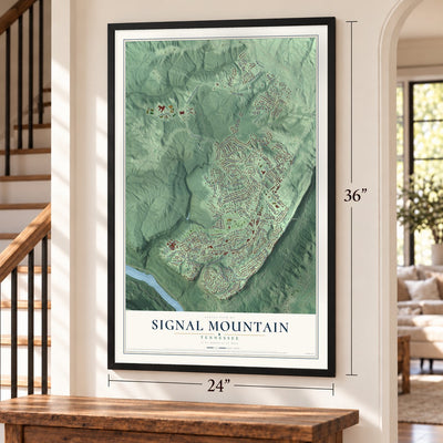 Signal Mountain, Tennessee map, 24 x 36 inch print in a black frame by a staircase