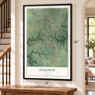 Seligman, Missouri map, 24 x 36 inch print in a black frame by a staircase