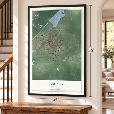 Amory, Mississippi map, 24 x 36 inch print in a black frame by a staircase