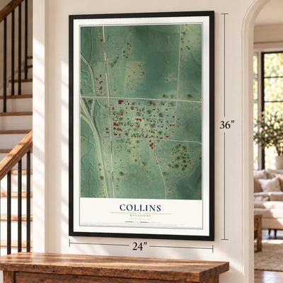 Collins, Missouri map, 24 x 36 inch print in a black frame by a staircase