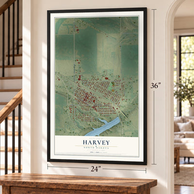Harvey, North Dakota map, 24 x 36 inch print in a black frame by a staircase