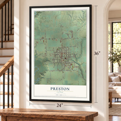 Preston, Idaho map, 24 x 36 inch print in a black frame by a staircase