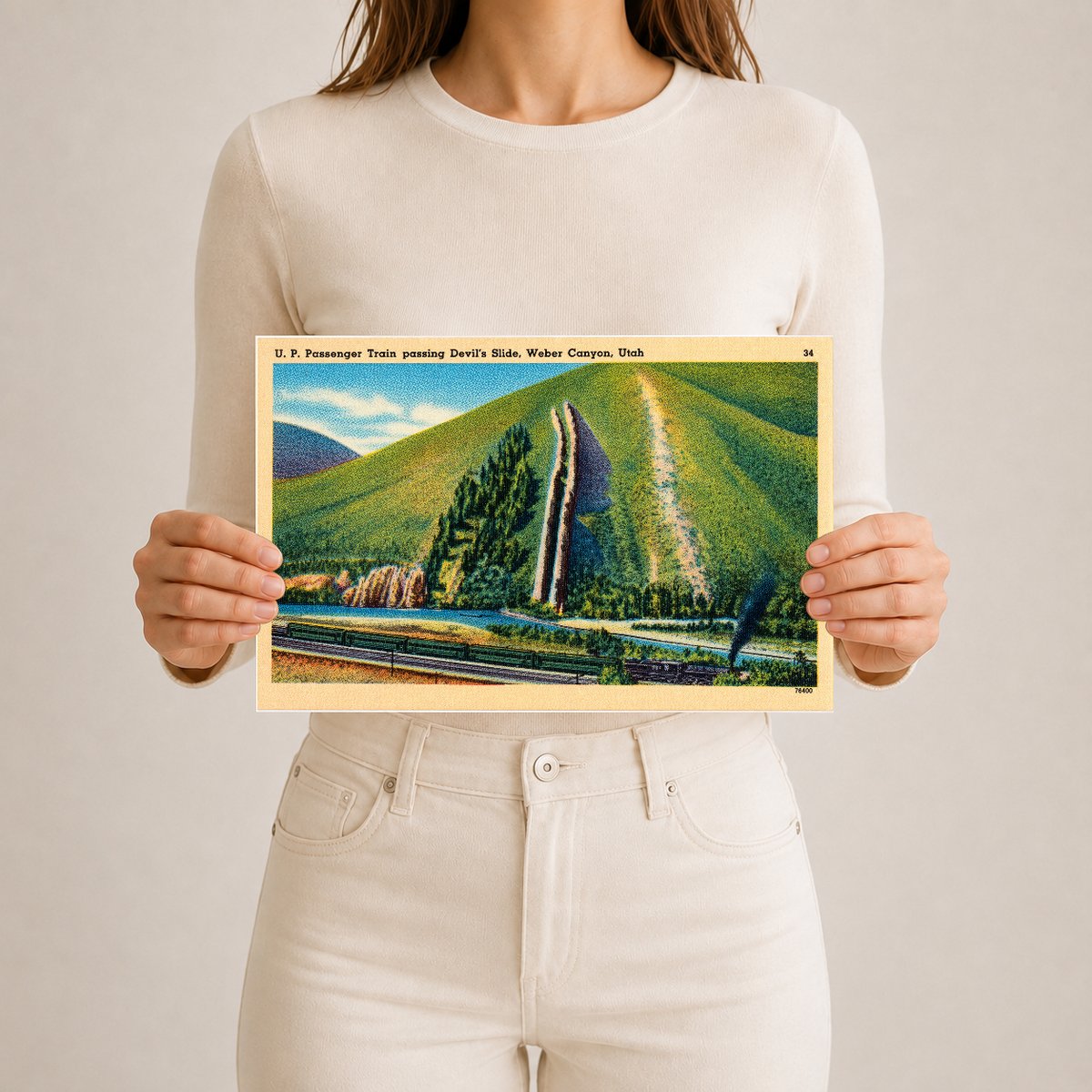 Weber Canyon, UT: U. P. Passenger Train passing Devil's Slide
