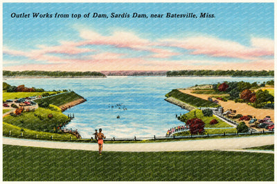 Sardis Lake, MS: Outlet works from top of dam, Sardis Dam, near Batesville