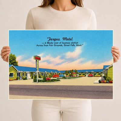 Great Falls, MT: "Fergus Motel -- 6 blocks West of Business District, across from Fair Grounds, Great Falls, Mont."