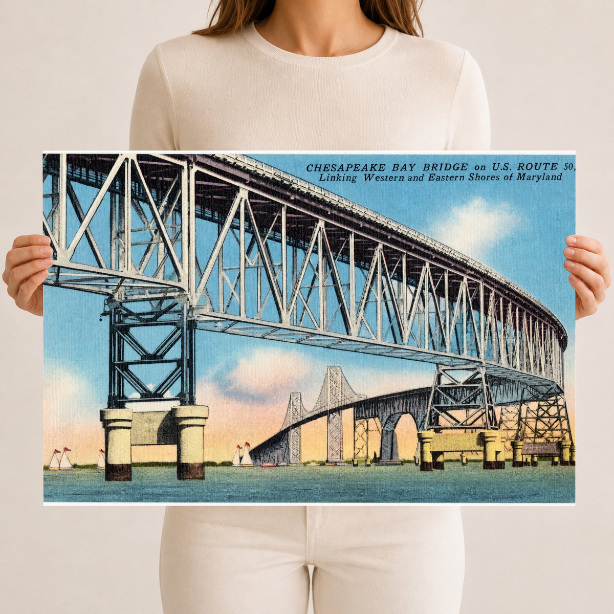Chesapeake Bay Bridge on U. S. Route 50 linking western and eastern shores of Maryland — Vintage Maryland Postcard