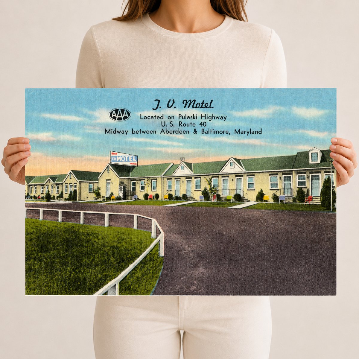 J. V. Motel, located on Pulaski Highway, U. S. Route 40 midway between Aberdeen & Baltimore, Maryland — Vintage Maryland Postcard