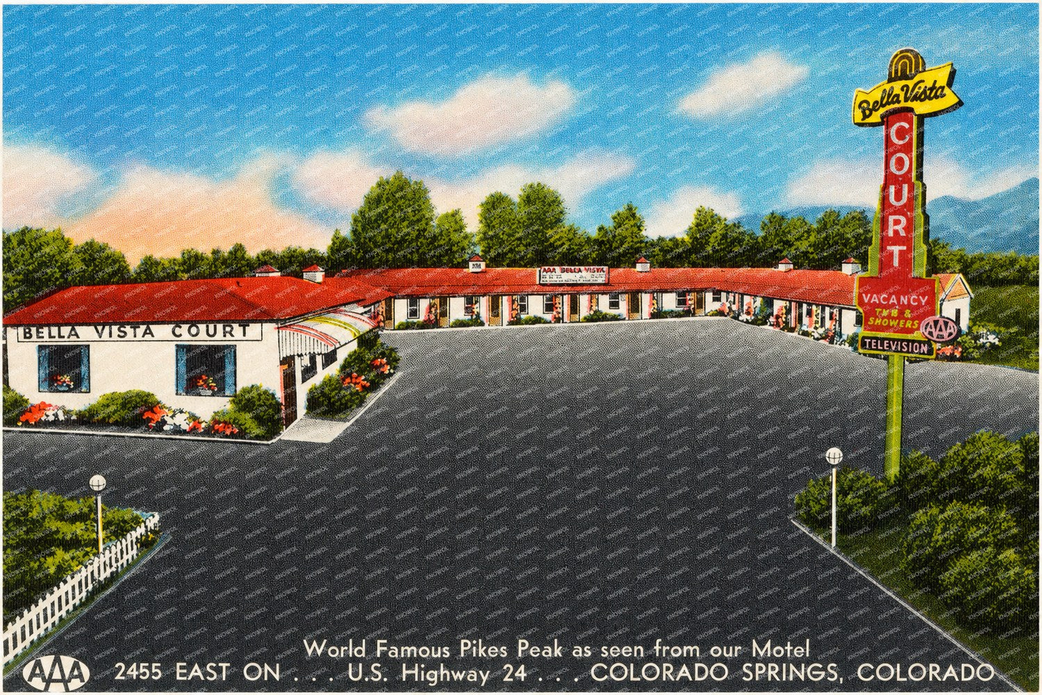 Colorado Springs, CO: Bella Vista Court, world famous Pikes Peak as seen from our motel, 2455 east on U. S. Highway 24... Colorado Springs