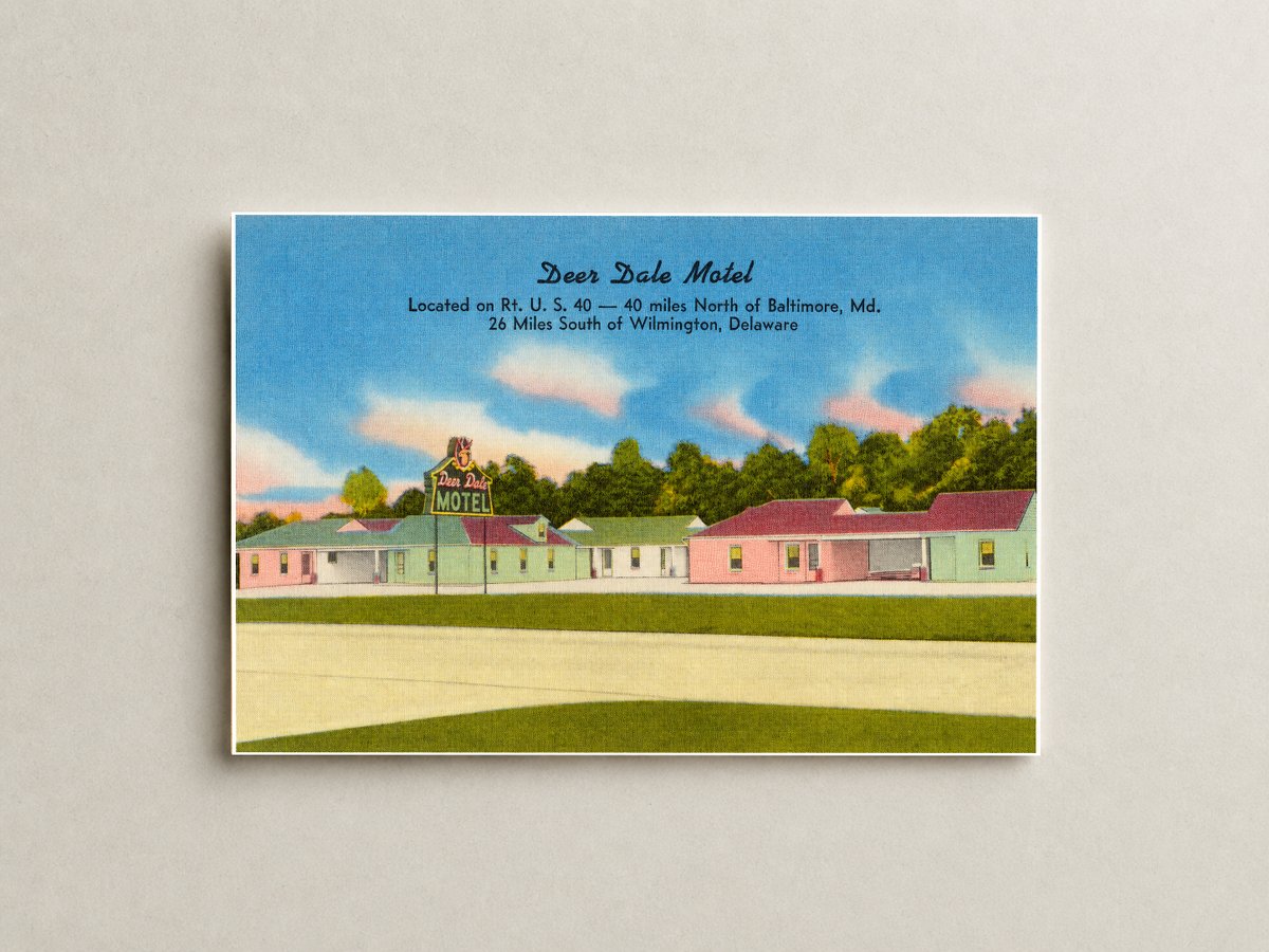 Deer Dale Motel, located on Route U. S. 40 -- 40 minutes north of Baltimore, MD, 26 miles south of Wilmington, Delaware — Vintage Maryland Postcard