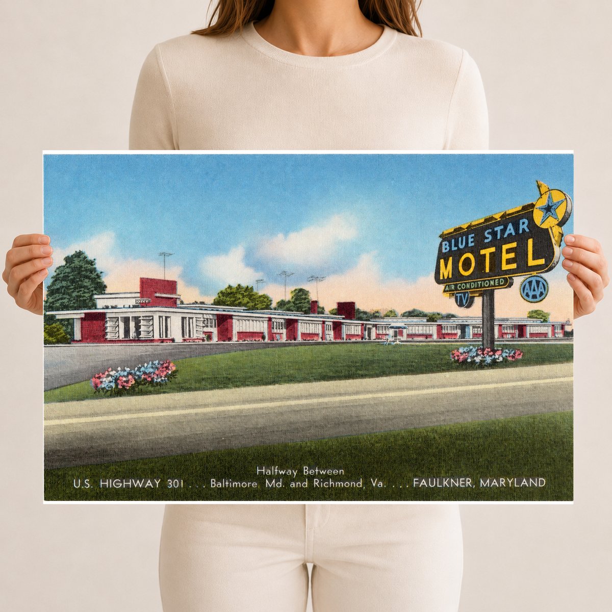 Blue Star Motel, U. S. Highway 301... halfway between Baltimore, MD and Richmond, Va. ... Faulkner, Maryland — Vintage Maryland Postcard