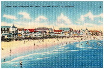General view boardwalk and beach, from pier, Ocean City, Maryland — Vintage Maryland Postcard