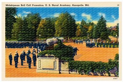 Midshipman roll call formation, U. S. Naval Academy, Annapolis, MD — Vintage Maryland Postcard