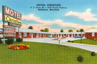 Motel Christlen, U. S. Route 40 -- 8733 Pulaski Highway, Baltimore, Maryland — Vintage Maryland Postcard