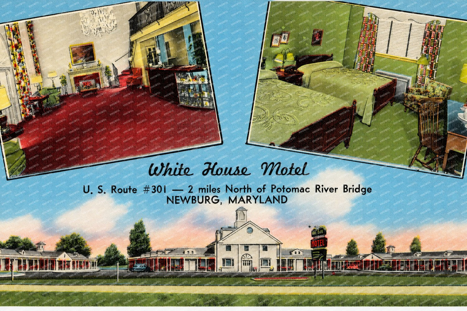 White House Motel, U. S. Route #301 -- 2 miles north of Potomac River Bridge, Newburg, Maryland — Vintage Maryland Postcard