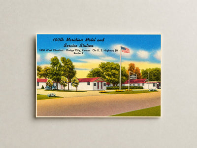 Dodge City, KS: 100Th Meridian Motel and Service Station, 2400 West Chestnut, Dodge City, Kansas, on U. S. Highway 50, Route 2