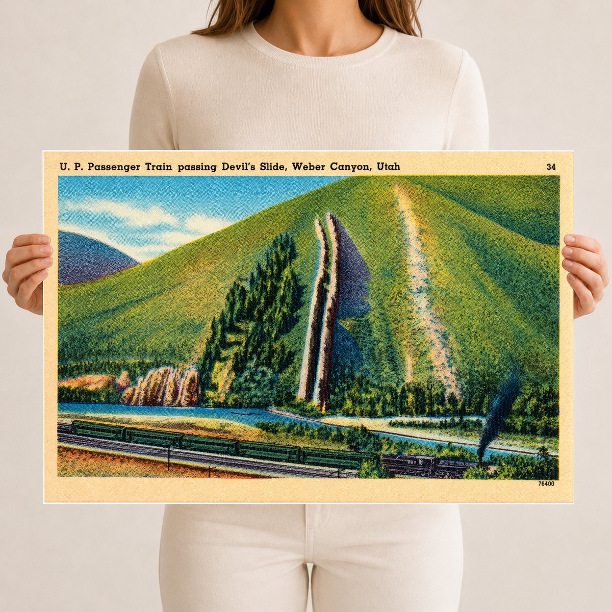 Weber Canyon, UT: U. P. Passenger Train passing Devil's Slide