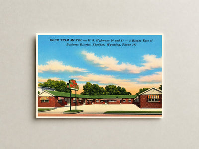 Sheridan, WY: Rock Trim Motel on U.S. highways 14 and 87 -- 5 blocks east of Business District, Sheridan, Wyoming, phone 793