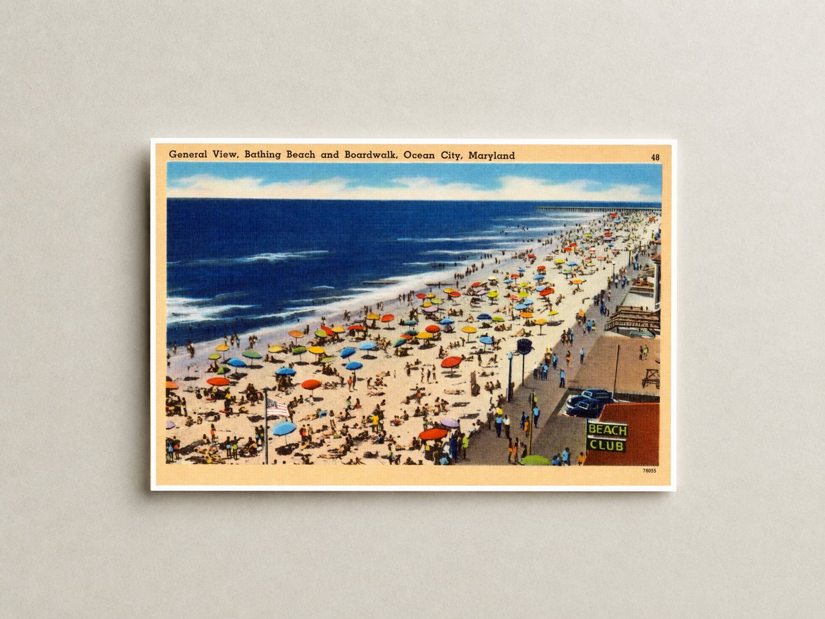 General view, Bathing Beach and boardwalk, Ocean City, Maryland — Vintage Maryland Postcard