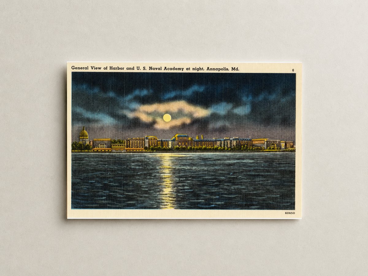 General view of harbor and U. S. Naval Academy at night, Annapolis, MD — Vintage Maryland Postcard