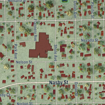 Close-up of the map of Cambridge, Nebraska print showing street and building detail