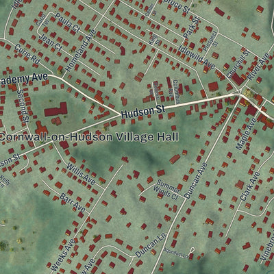 Close-up of the map of Cornwall-on-Hudson, New York print showing street and building detail
