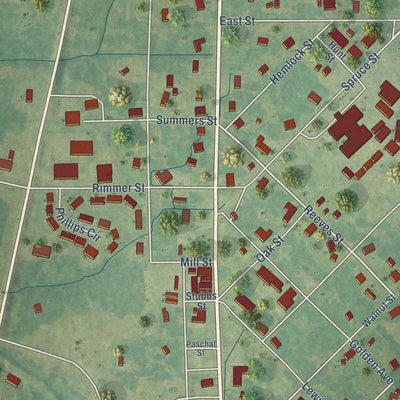Close-up of the map of Walnut Grove, Mississippi print showing street and building detail