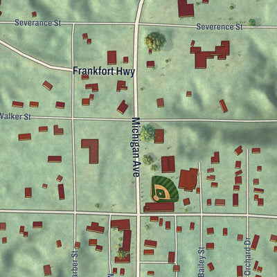 Close-up of the map of Benzonia, Michigan print showing street and building detail