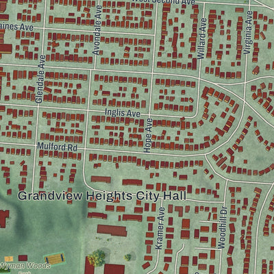 Close-up of the map of Grandview Heights, Ohio print showing street and building detail